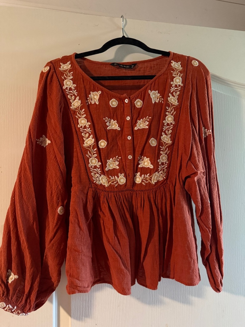 Zara Rust Peasant Blouse with Cream Floral Embroidery